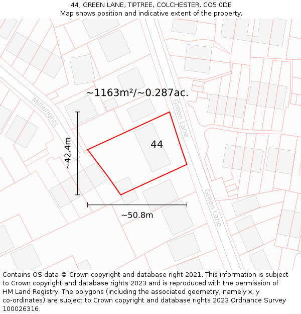 44, GREEN LANE, TIPTREE, COLCHESTER, CO5 0DE: Plot and title map