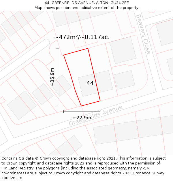 44, GREENFIELDS AVENUE, ALTON, GU34 2EE: Plot and title map