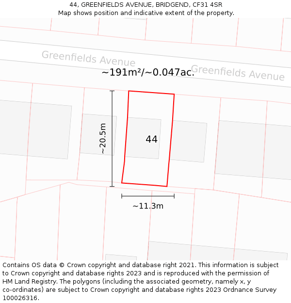 44, GREENFIELDS AVENUE, BRIDGEND, CF31 4SR: Plot and title map