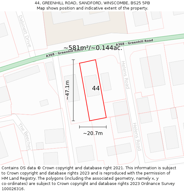 44, GREENHILL ROAD, SANDFORD, WINSCOMBE, BS25 5PB: Plot and title map