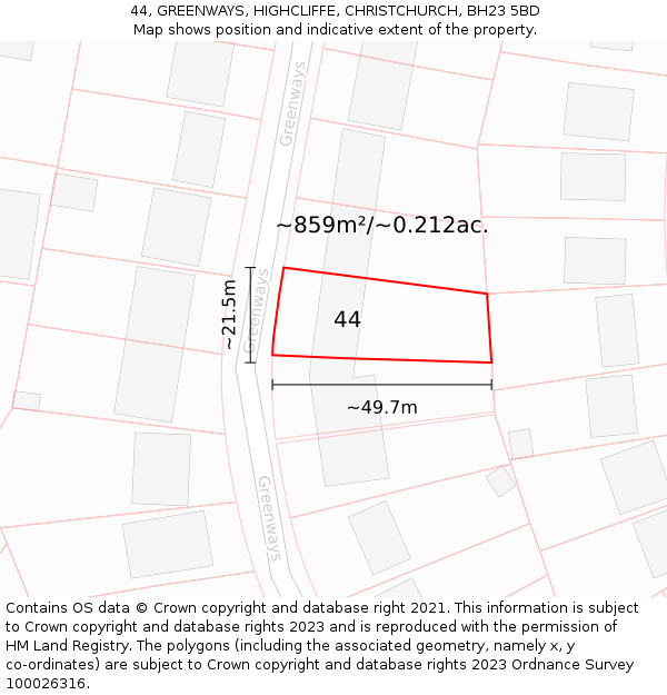 44, GREENWAYS, HIGHCLIFFE, CHRISTCHURCH, BH23 5BD: Plot and title map
