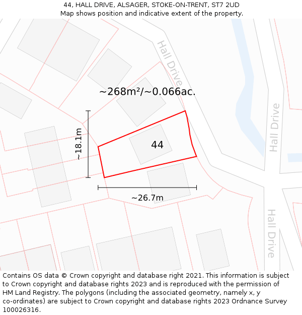 44, HALL DRIVE, ALSAGER, STOKE-ON-TRENT, ST7 2UD: Plot and title map
