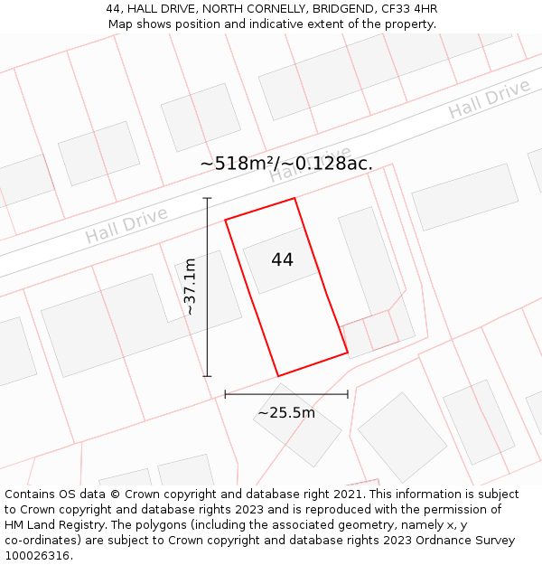 44, HALL DRIVE, NORTH CORNELLY, BRIDGEND, CF33 4HR: Plot and title map