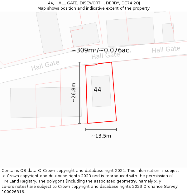 44, HALL GATE, DISEWORTH, DERBY, DE74 2QJ: Plot and title map