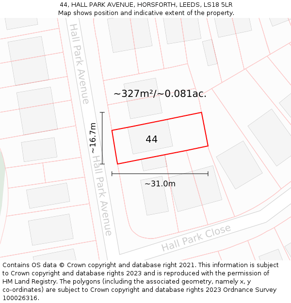 44, HALL PARK AVENUE, HORSFORTH, LEEDS, LS18 5LR: Plot and title map