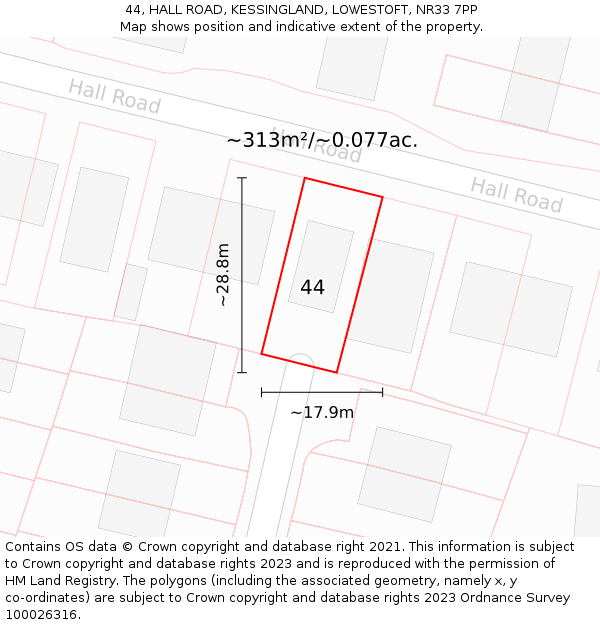 44, HALL ROAD, KESSINGLAND, LOWESTOFT, NR33 7PP: Plot and title map