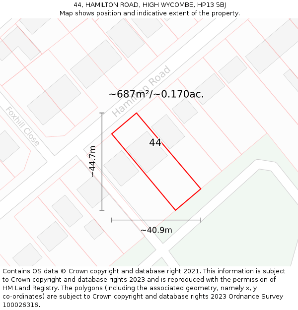44, HAMILTON ROAD, HIGH WYCOMBE, HP13 5BJ: Plot and title map