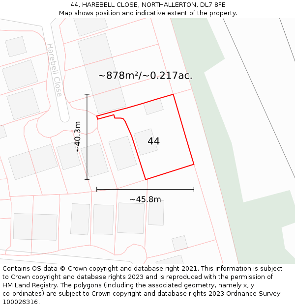 44, HAREBELL CLOSE, NORTHALLERTON, DL7 8FE: Plot and title map