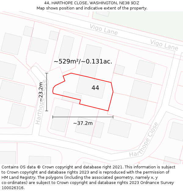 44, HARTHOPE CLOSE, WASHINGTON, NE38 9DZ: Plot and title map