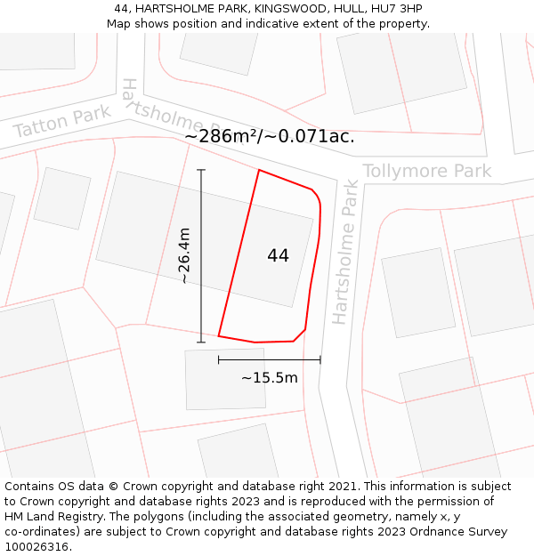44, HARTSHOLME PARK, KINGSWOOD, HULL, HU7 3HP: Plot and title map