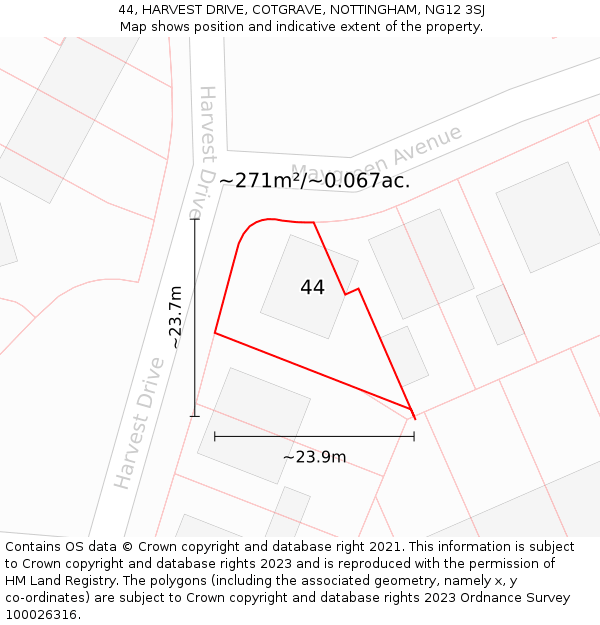 44, HARVEST DRIVE, COTGRAVE, NOTTINGHAM, NG12 3SJ: Plot and title map