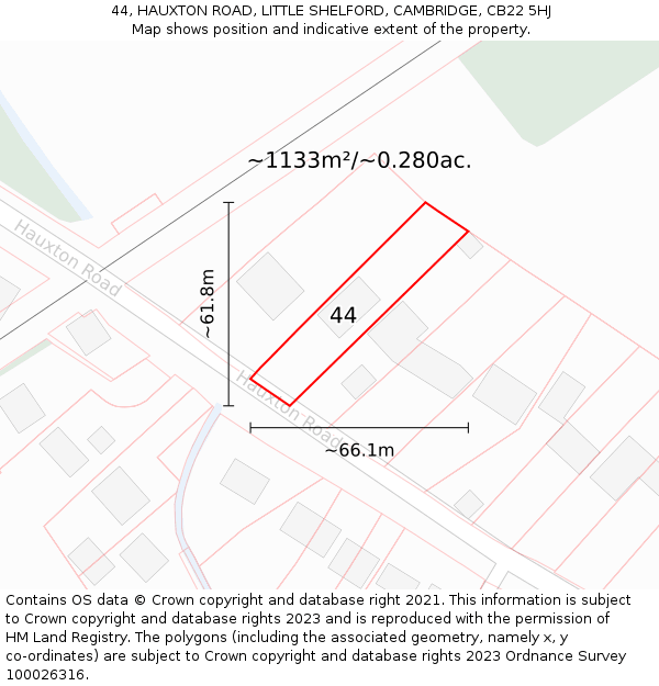 44, HAUXTON ROAD, LITTLE SHELFORD, CAMBRIDGE, CB22 5HJ: Plot and title map