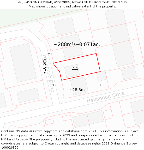 44, HAVANNAH DRIVE, WIDEOPEN, NEWCASTLE UPON TYNE, NE13 6LD: Plot and title map