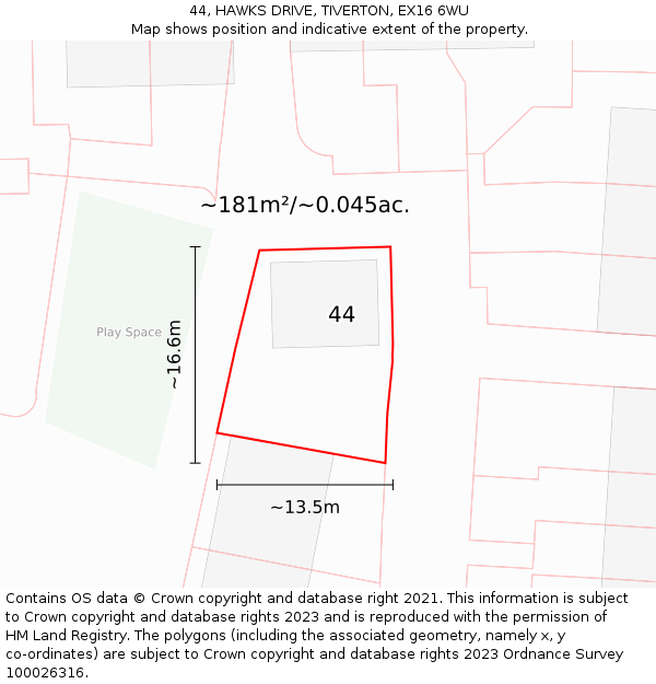 44, HAWKS DRIVE, TIVERTON, EX16 6WU: Plot and title map