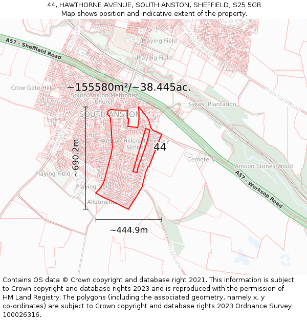 44, HAWTHORNE AVENUE, SOUTH ANSTON, SHEFFIELD, S25 5GR: Plot and title map