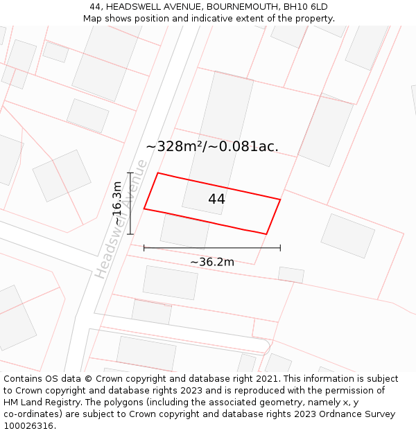 44, HEADSWELL AVENUE, BOURNEMOUTH, BH10 6LD: Plot and title map