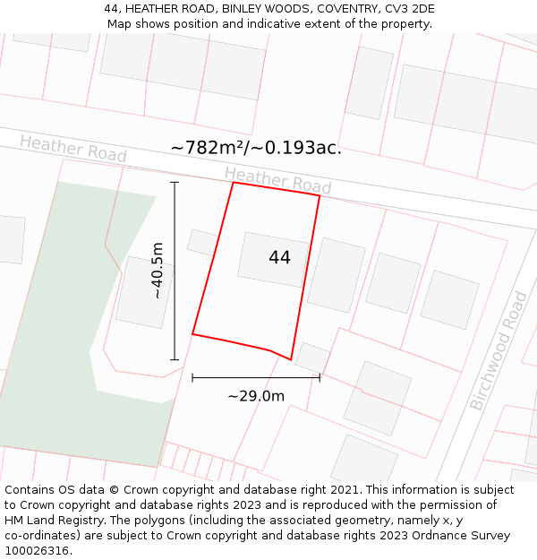 44, HEATHER ROAD, BINLEY WOODS, COVENTRY, CV3 2DE: Plot and title map