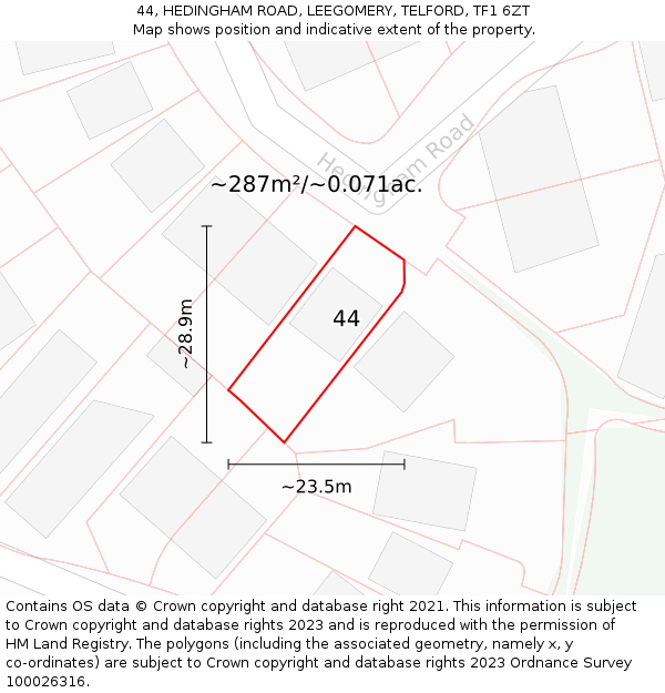 44, HEDINGHAM ROAD, LEEGOMERY, TELFORD, TF1 6ZT: Plot and title map