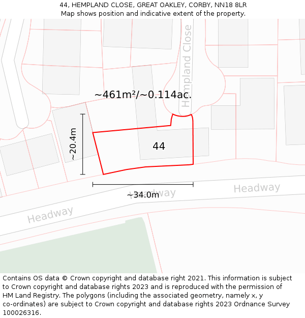 44, HEMPLAND CLOSE, GREAT OAKLEY, CORBY, NN18 8LR: Plot and title map