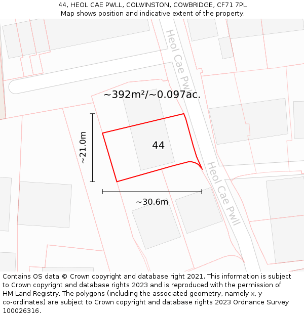 44, HEOL CAE PWLL, COLWINSTON, COWBRIDGE, CF71 7PL: Plot and title map