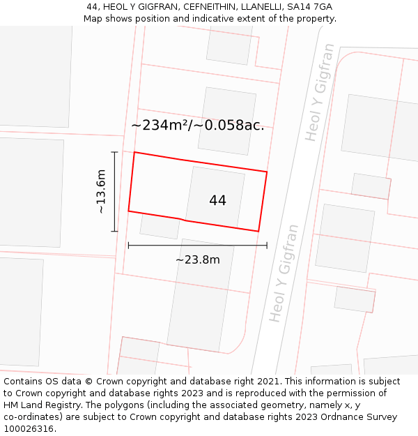 44, HEOL Y GIGFRAN, CEFNEITHIN, LLANELLI, SA14 7GA: Plot and title map