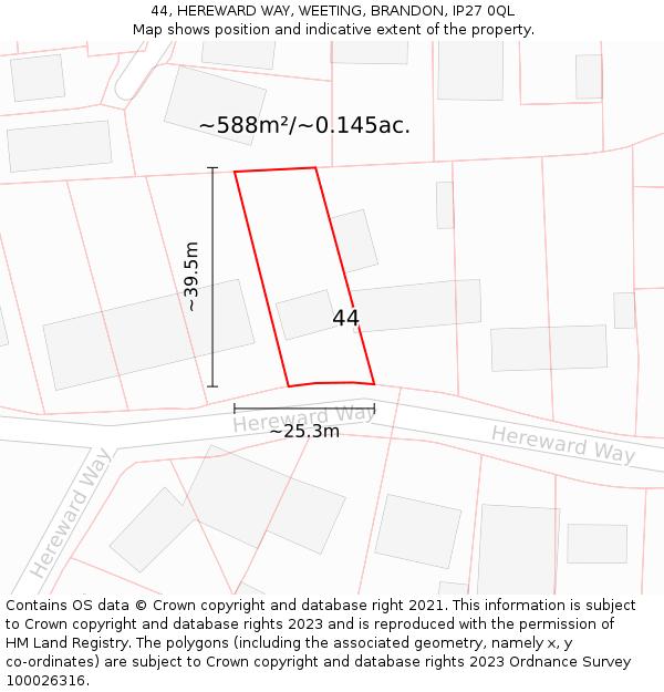 44, HEREWARD WAY, WEETING, BRANDON, IP27 0QL: Plot and title map