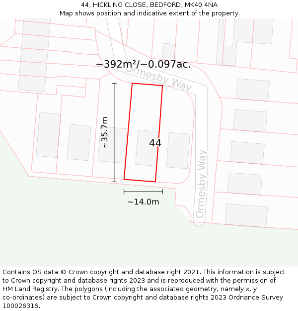 44, HICKLING CLOSE, BEDFORD, MK40 4NA: Plot and title map