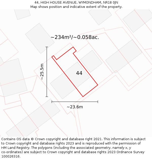 44, HIGH HOUSE AVENUE, WYMONDHAM, NR18 0JN: Plot and title map