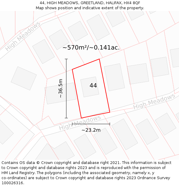 44, HIGH MEADOWS, GREETLAND, HALIFAX, HX4 8QF: Plot and title map