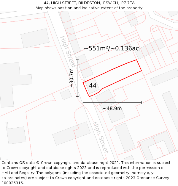 44, HIGH STREET, BILDESTON, IPSWICH, IP7 7EA: Plot and title map