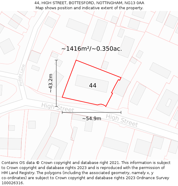 44, HIGH STREET, BOTTESFORD, NOTTINGHAM, NG13 0AA: Plot and title map