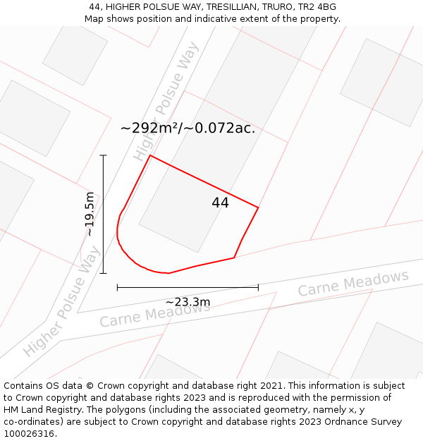 44, HIGHER POLSUE WAY, TRESILLIAN, TRURO, TR2 4BG: Plot and title map