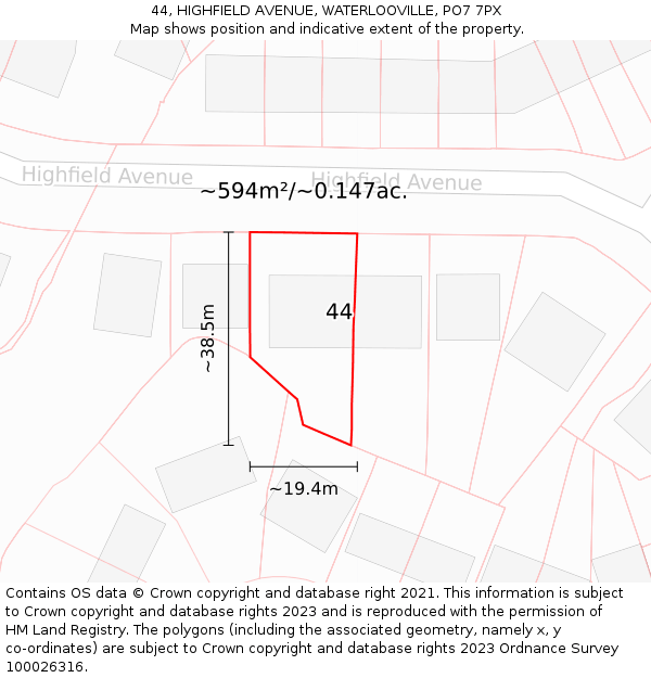 44, HIGHFIELD AVENUE, WATERLOOVILLE, PO7 7PX: Plot and title map