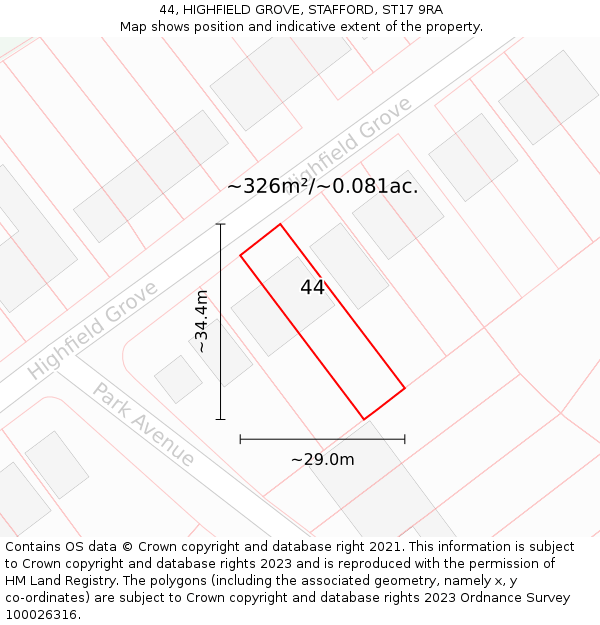 44, HIGHFIELD GROVE, STAFFORD, ST17 9RA: Plot and title map