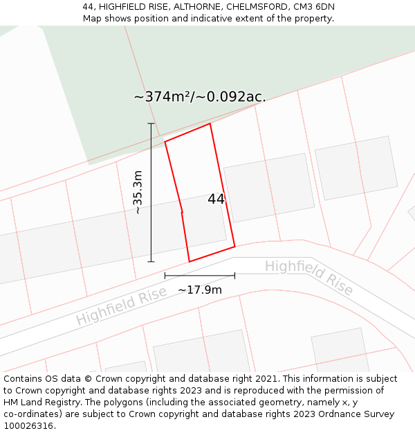 44, HIGHFIELD RISE, ALTHORNE, CHELMSFORD, CM3 6DN: Plot and title map