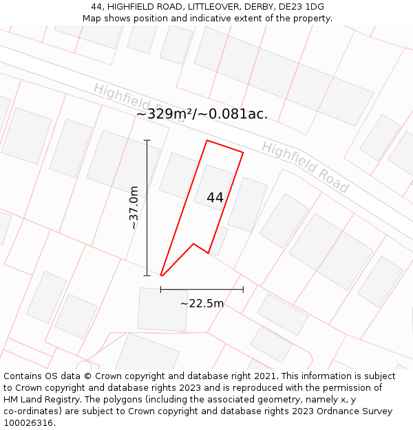 44, HIGHFIELD ROAD, LITTLEOVER, DERBY, DE23 1DG: Plot and title map