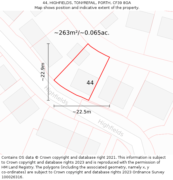 44, HIGHFIELDS, TONYREFAIL, PORTH, CF39 8GA: Plot and title map
