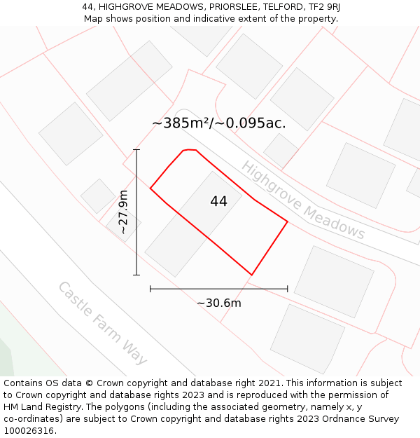 44, HIGHGROVE MEADOWS, PRIORSLEE, TELFORD, TF2 9RJ: Plot and title map