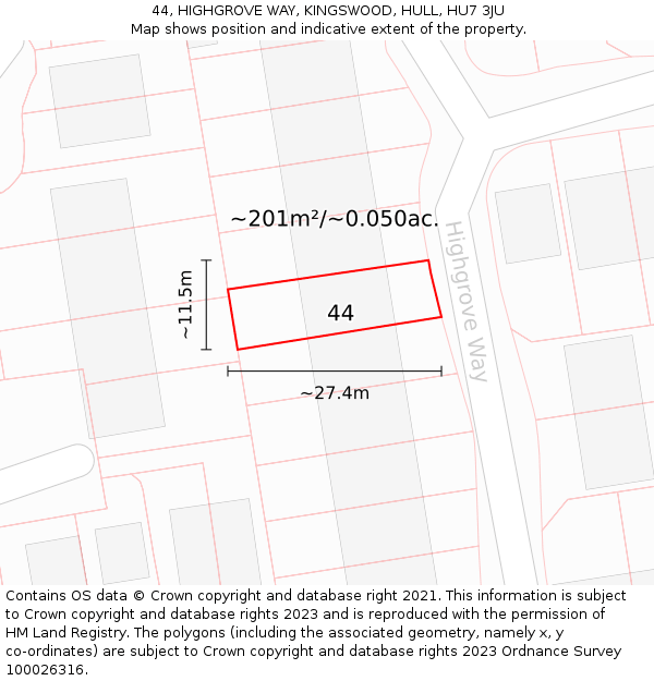 44, HIGHGROVE WAY, KINGSWOOD, HULL, HU7 3JU: Plot and title map