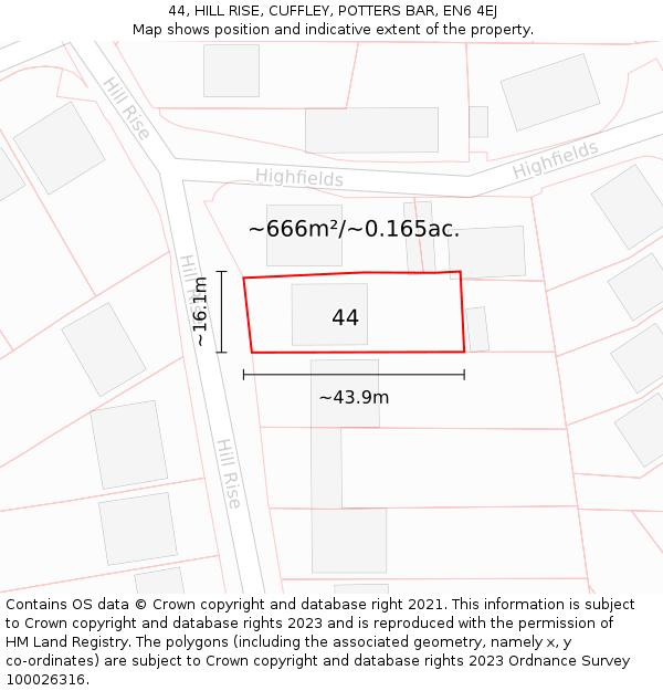 44, HILL RISE, CUFFLEY, POTTERS BAR, EN6 4EJ: Plot and title map