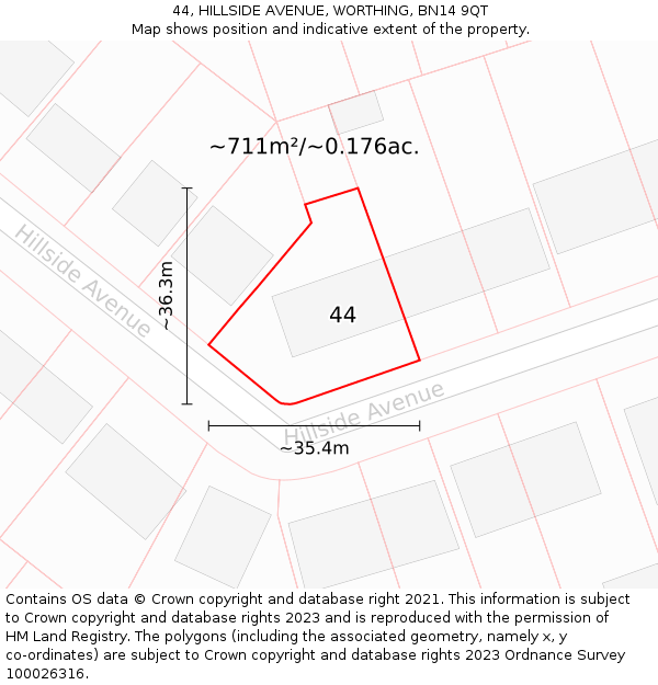 44, HILLSIDE AVENUE, WORTHING, BN14 9QT: Plot and title map