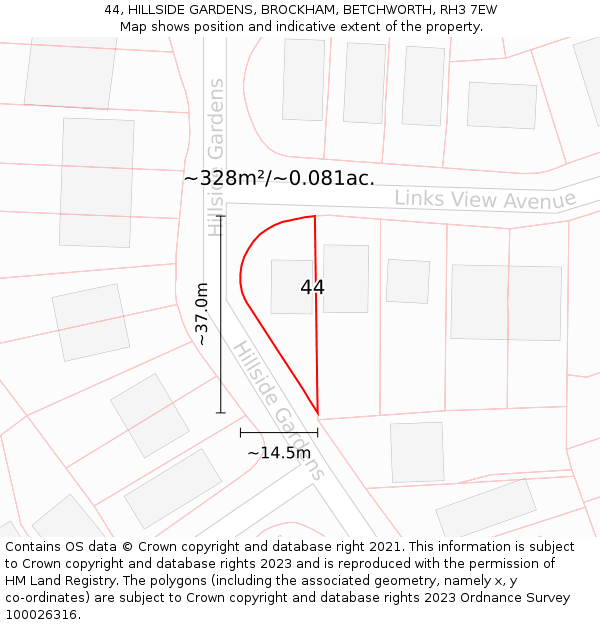 44, HILLSIDE GARDENS, BROCKHAM, BETCHWORTH, RH3 7EW: Plot and title map