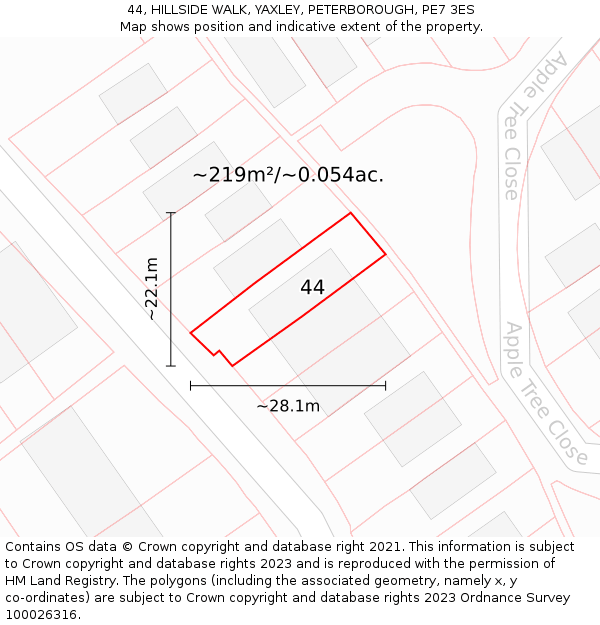 44, HILLSIDE WALK, YAXLEY, PETERBOROUGH, PE7 3ES: Plot and title map