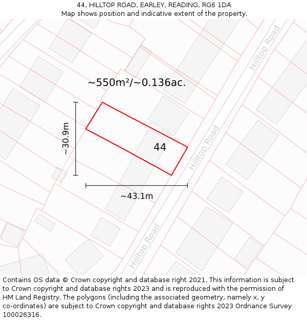 44, HILLTOP ROAD, EARLEY, READING, RG6 1DA: Plot and title map