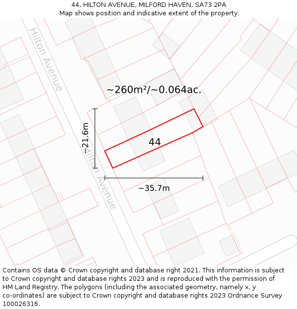 44, HILTON AVENUE, MILFORD HAVEN, SA73 2PA: Plot and title map