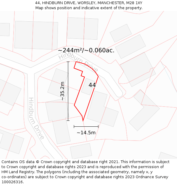 44, HINDBURN DRIVE, WORSLEY, MANCHESTER, M28 1XY: Plot and title map