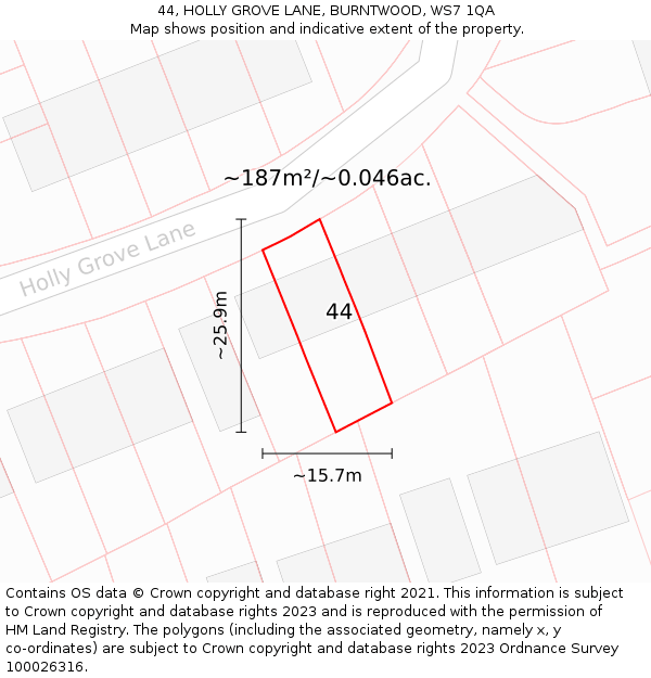 44, HOLLY GROVE LANE, BURNTWOOD, WS7 1QA: Plot and title map