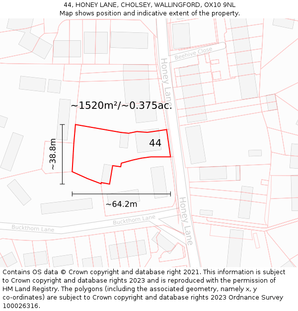 44, HONEY LANE, CHOLSEY, WALLINGFORD, OX10 9NL: Plot and title map