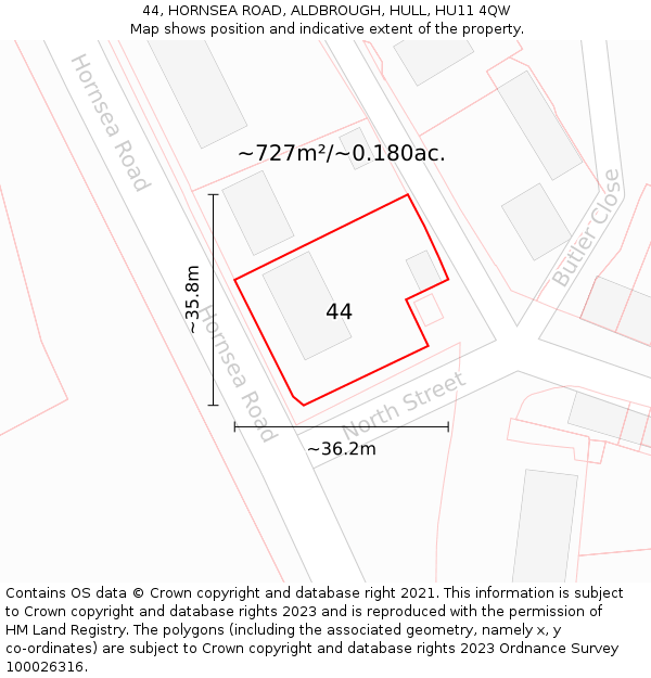 44, HORNSEA ROAD, ALDBROUGH, HULL, HU11 4QW: Plot and title map