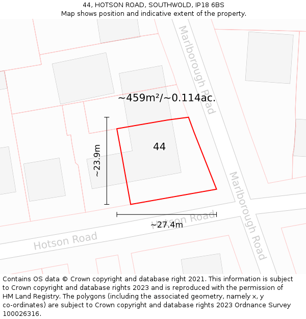 44, HOTSON ROAD, SOUTHWOLD, IP18 6BS: Plot and title map
